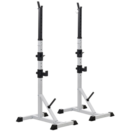 Set of 2 Steel Barbell Stands with 3 Hooks, Adjustable Height and 200kg Capacity, Silver and Black