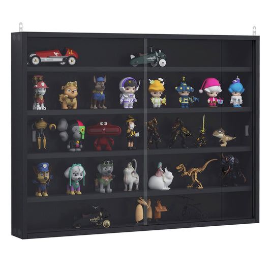 5-Tier Wall Display Cabinet with Adjustable Shelves, Glass and Chipboard, 80x9.5x60 cm, Black