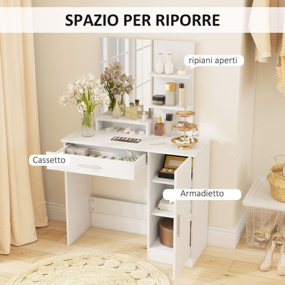 Dressing Table with Cabinet, Drawer, Makeup Mirror and Open Shelves, 90x38x138 cm, White