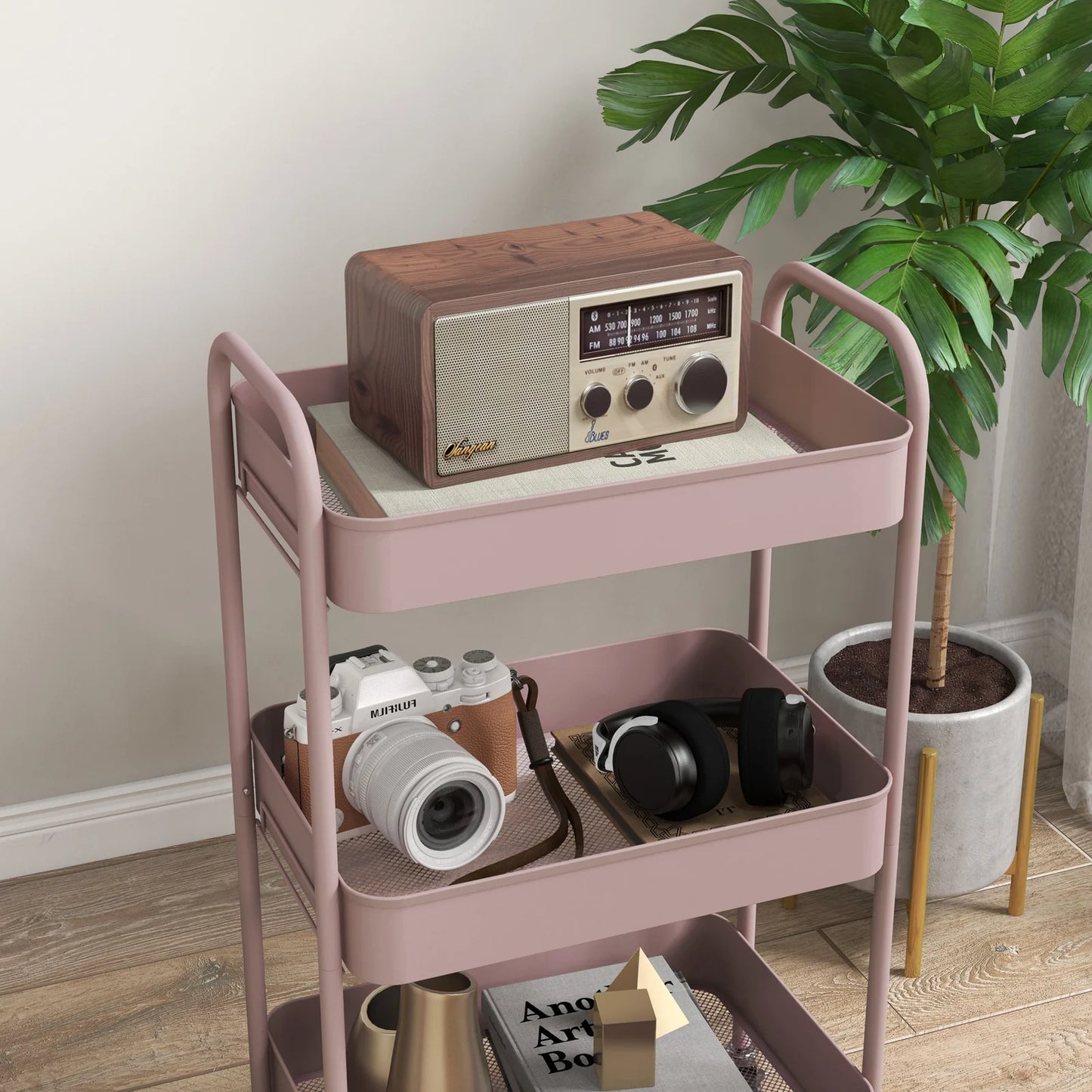 3‑Tier Pink Steel Beauty Trolley with Wheels