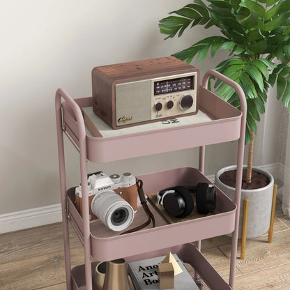 3‑Tier Pink Steel Beauty Trolley with Wheels