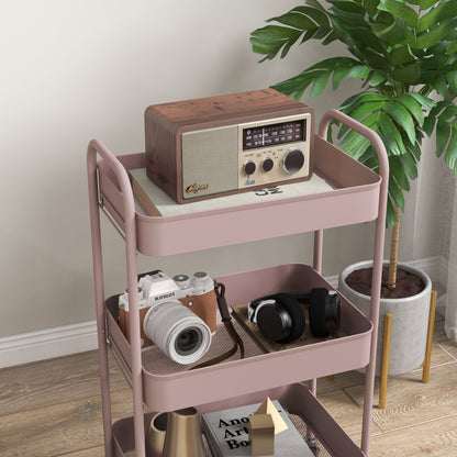 3-Tier Beauty Cart with Handles and 4 Wheels, Steel, 45x30.6x79 cm, Pink