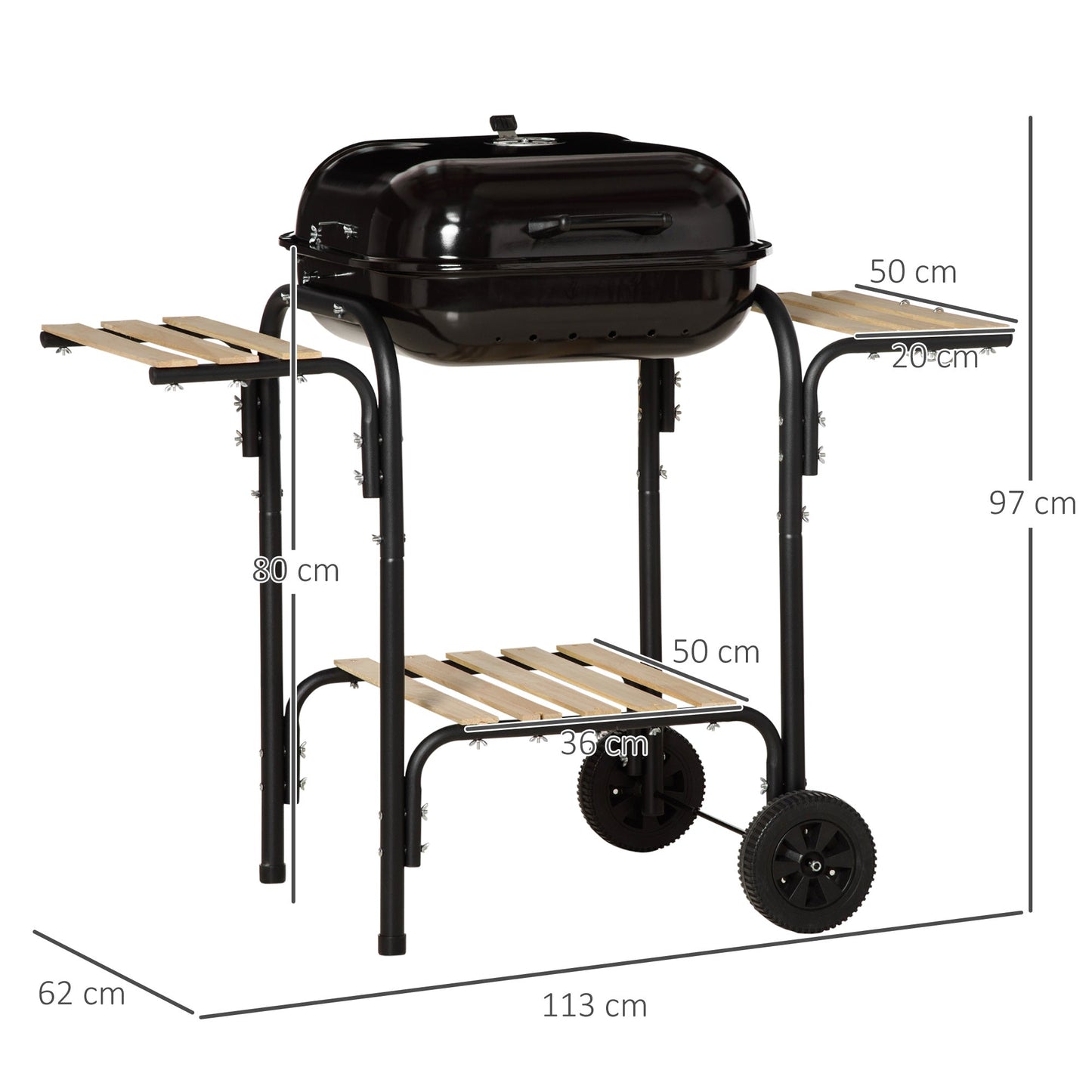 Charcoal Barbecue with Lid, Shelves and Wheels, Complete with Spatula, Tongs and Knife, Black