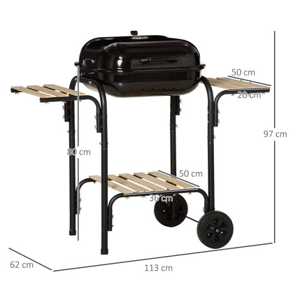 Charcoal Barbecue with Lid, Shelves and Wheels, Complete with Spatula, Tongs and Knife, Black