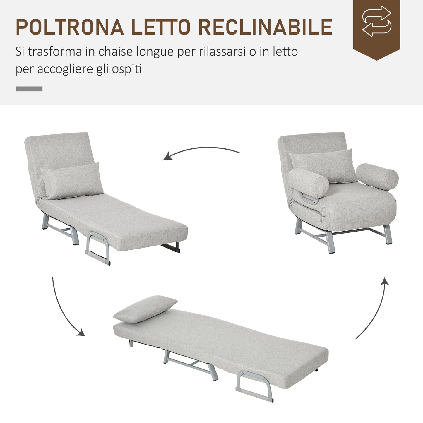 Single Reclining Chair with 5-Level Backrest and Extra Cushion, Fabric and Metal, 73x74x81cm, Grey
