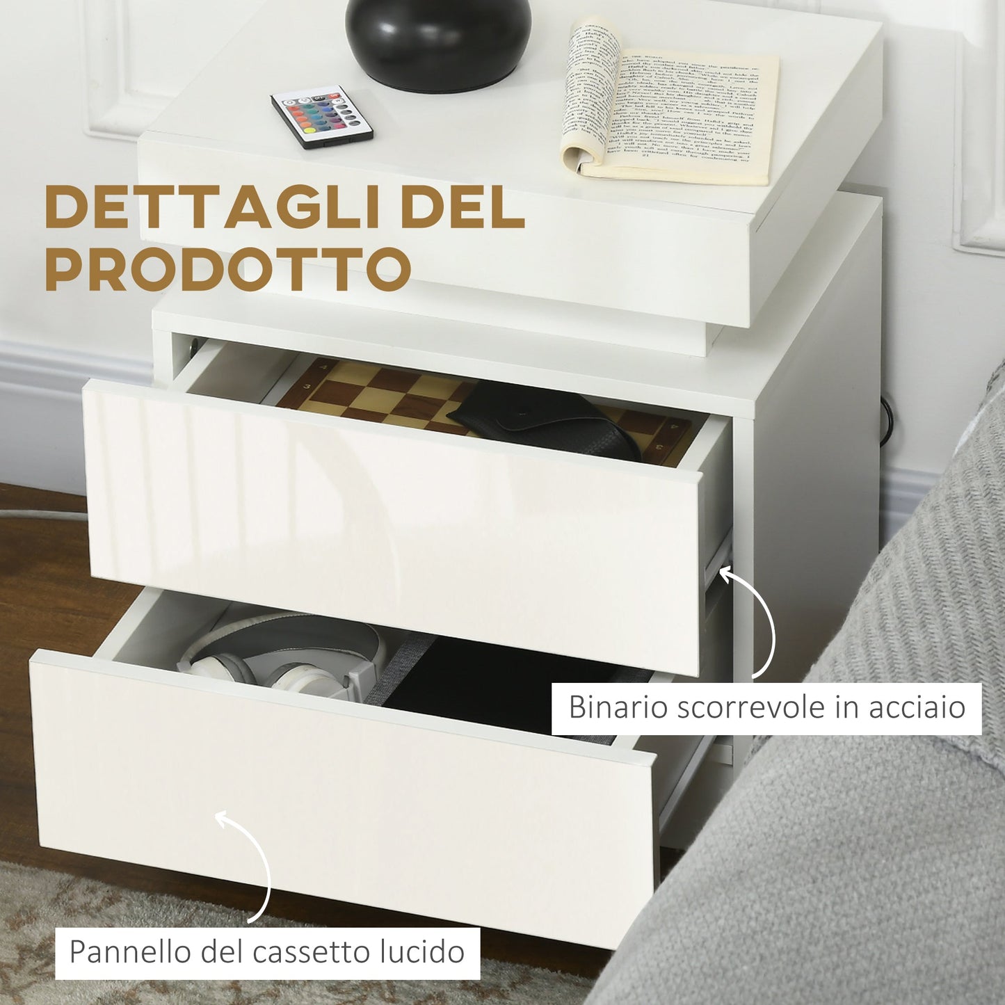 Bedside Table with Built-in RGB LED Light with 2 Drawers, 4 Light Modes and 16 Colors, Chipboard, 45x35x52cm, White