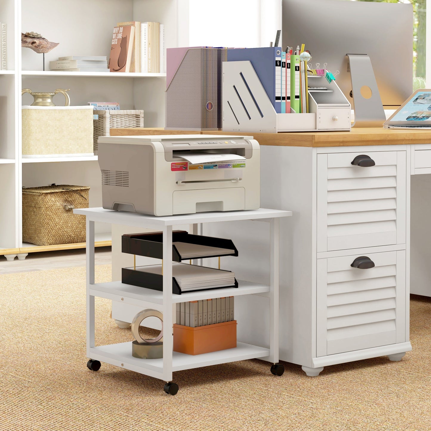 3-Tier Printer Cart with 4 Wheels, Wood and Steel, 50x50x52.5cm, White