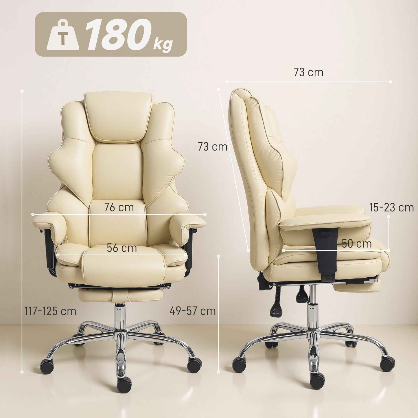 Office Chair with Footrest and Headrest, PU Leather, Foam and Metal, 76x73x117-125 cm, Cream White