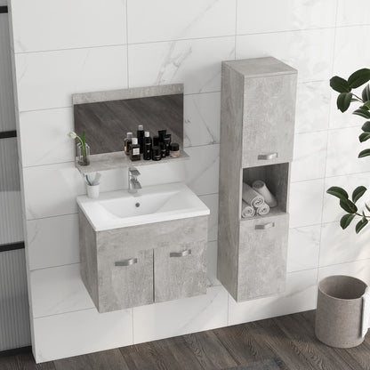 Grey 4 Piece Bathroom Furniture Set with 60cm Sink, Cabinet, Bathroom Column and Wooden Mirror, Grey