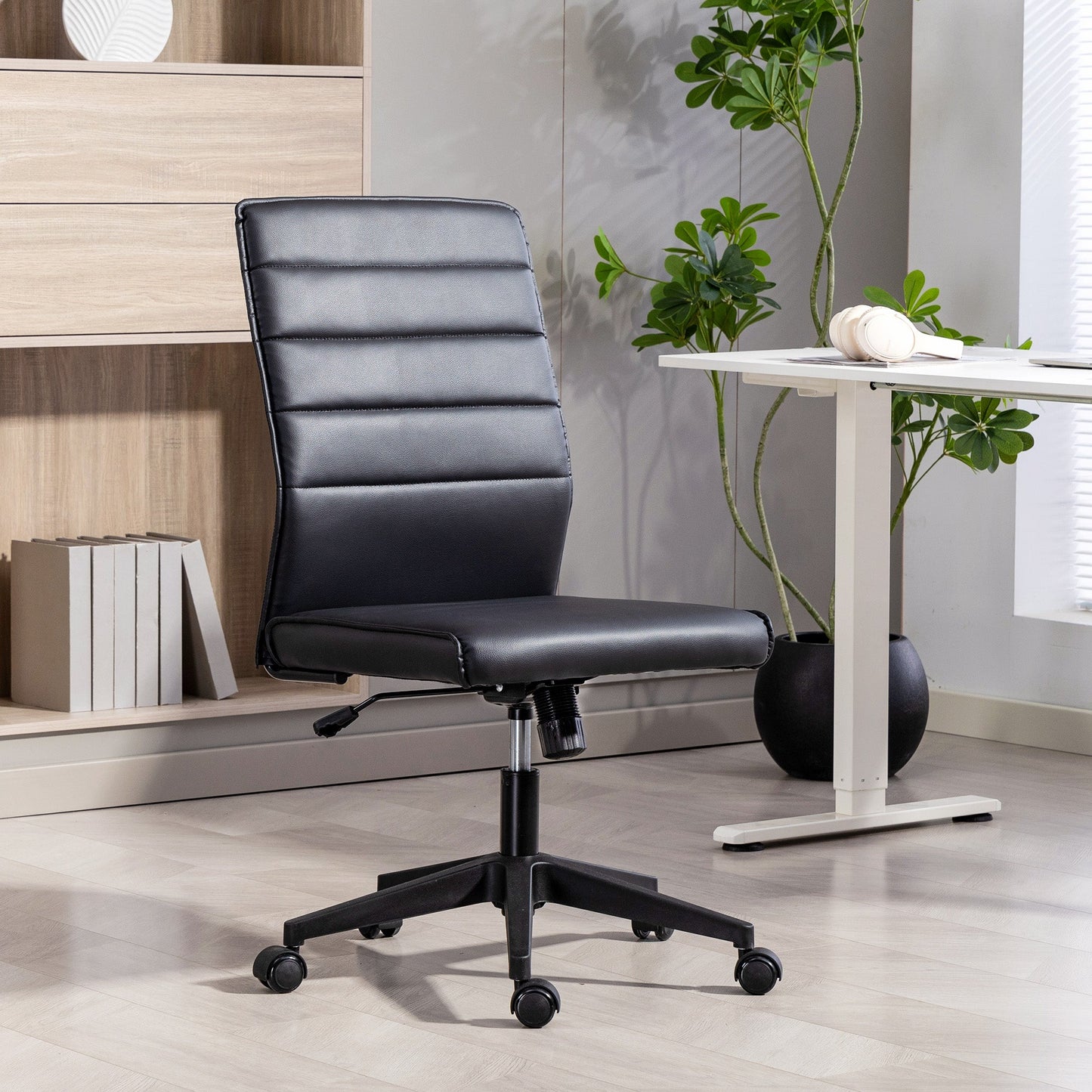 Ergonomic Office Chair with Curved Backrest, Adjustable PU Leather and Steel, 58x53x97-107 cm, Black