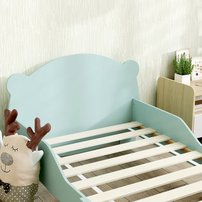 Children's Bed with Bear Headboard and Footboard and 2 Side Rails, Wooden, 143.5x80x55 cm, Green