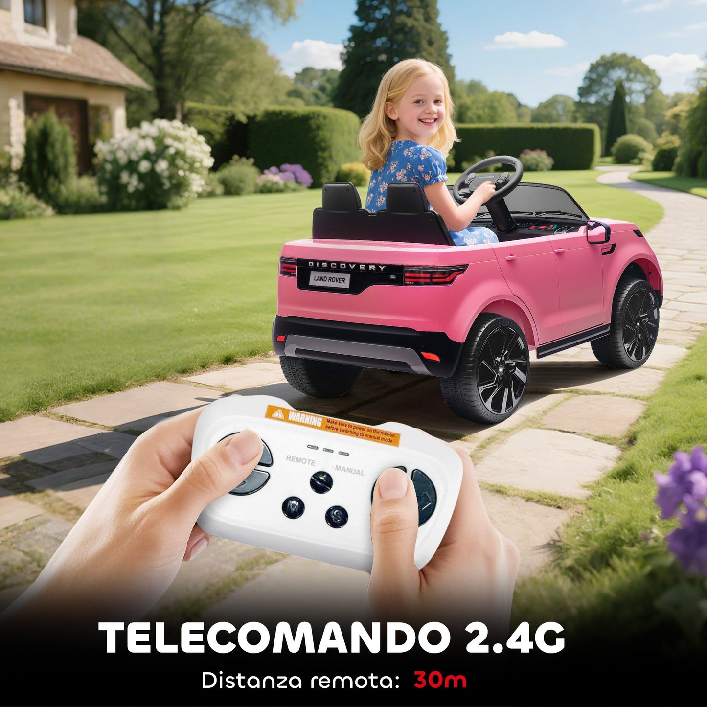 Electric Ride-On Toy Car for Kids, Land Rover License, with LED Headlights, Horn and Remote Control, 105x68.5x58 cm, Pink