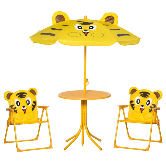 Outsunny 4-Piece Kids Outdoor Set with 2 Chairs, Umbrella, and Round Table, Steel and Yellow Oxford Fabric