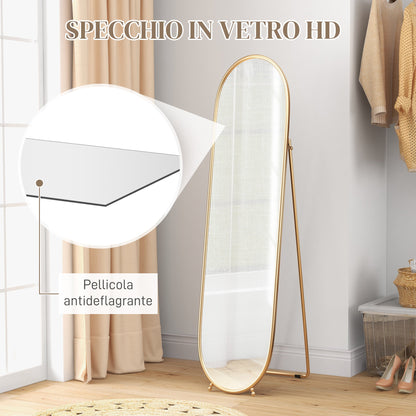 Oval Vertical Floor Mirror with Stand, in Glass and Metal, 40x41x159 cm, Gold Tone