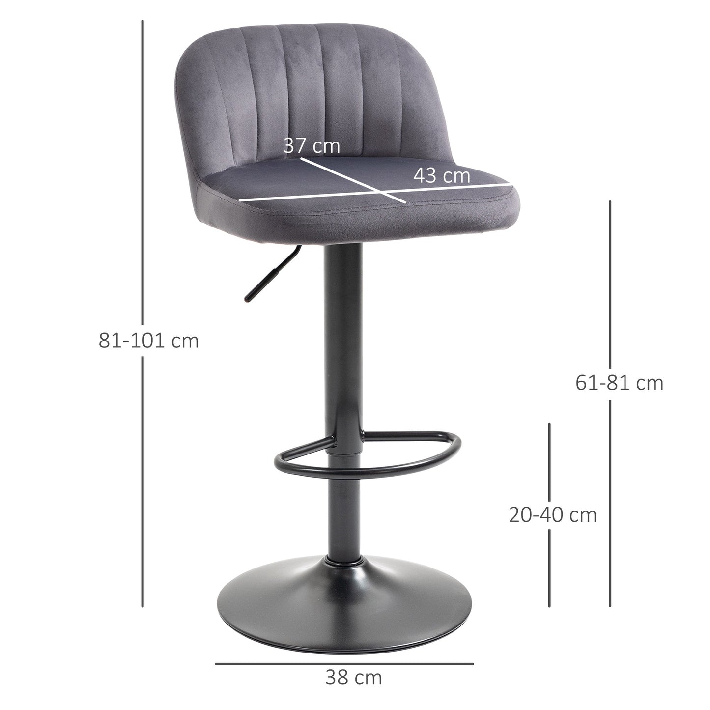 Set of 2 Bar Stools with Backrest and Footrest, Swivel with Adjustable Height, Grey