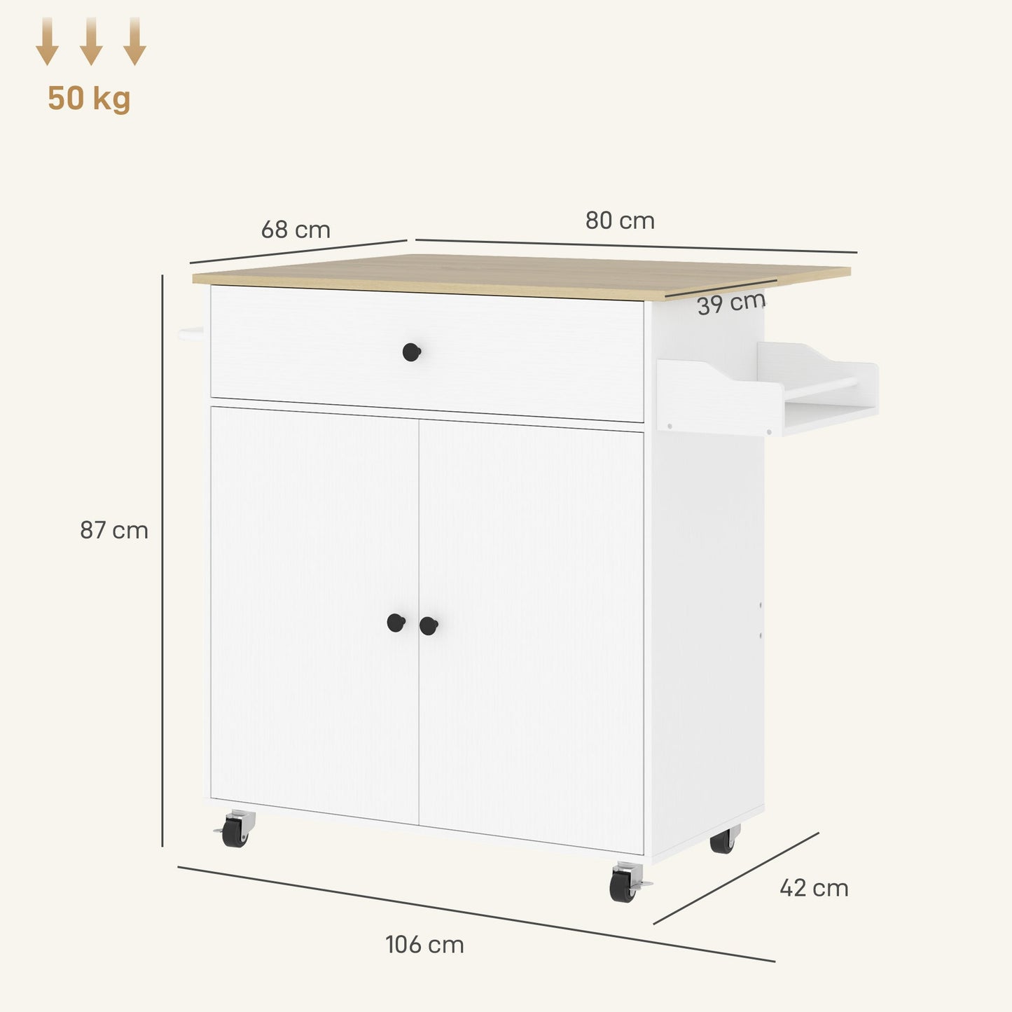 Kitchen Island with Drawer, Cabinet, Spice Rack and Towel Holder, 106x42x87 cm, White and Oak