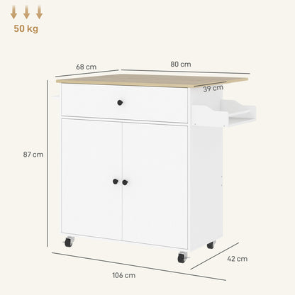 Kitchen Island with Drawer, Cabinet, Spice Rack and Towel Holder, 106x42x87 cm, White and Oak
