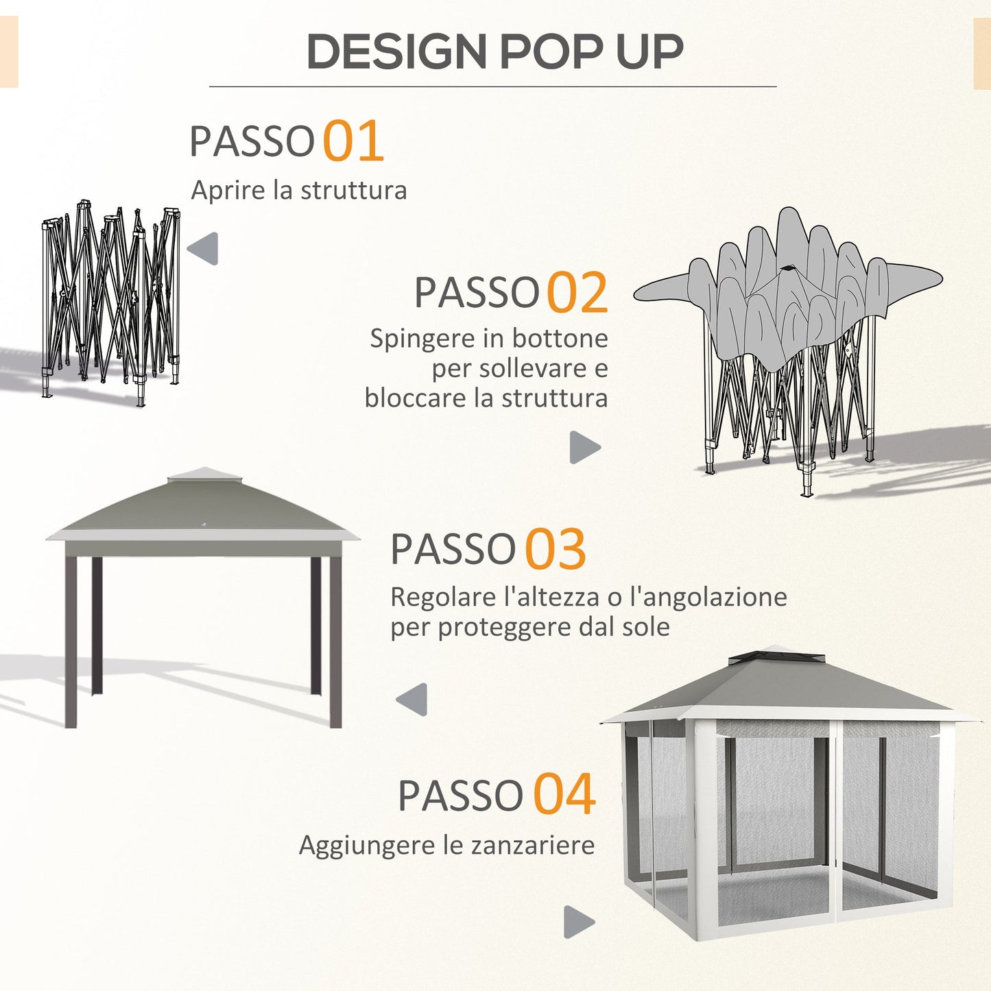 Height Adjustable Outdoor Gazebo with Mosquito Nets, in Metal and Oxford Fabric, 3.3x3.3x2.8 m, Dark Gray