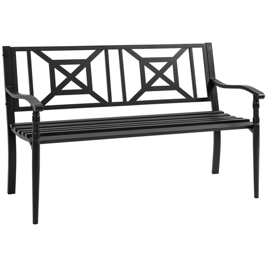 Black Steel Garden Bench for 2 Persons with High Backrest and Armrests, 128x62. 5x81. 5 cm