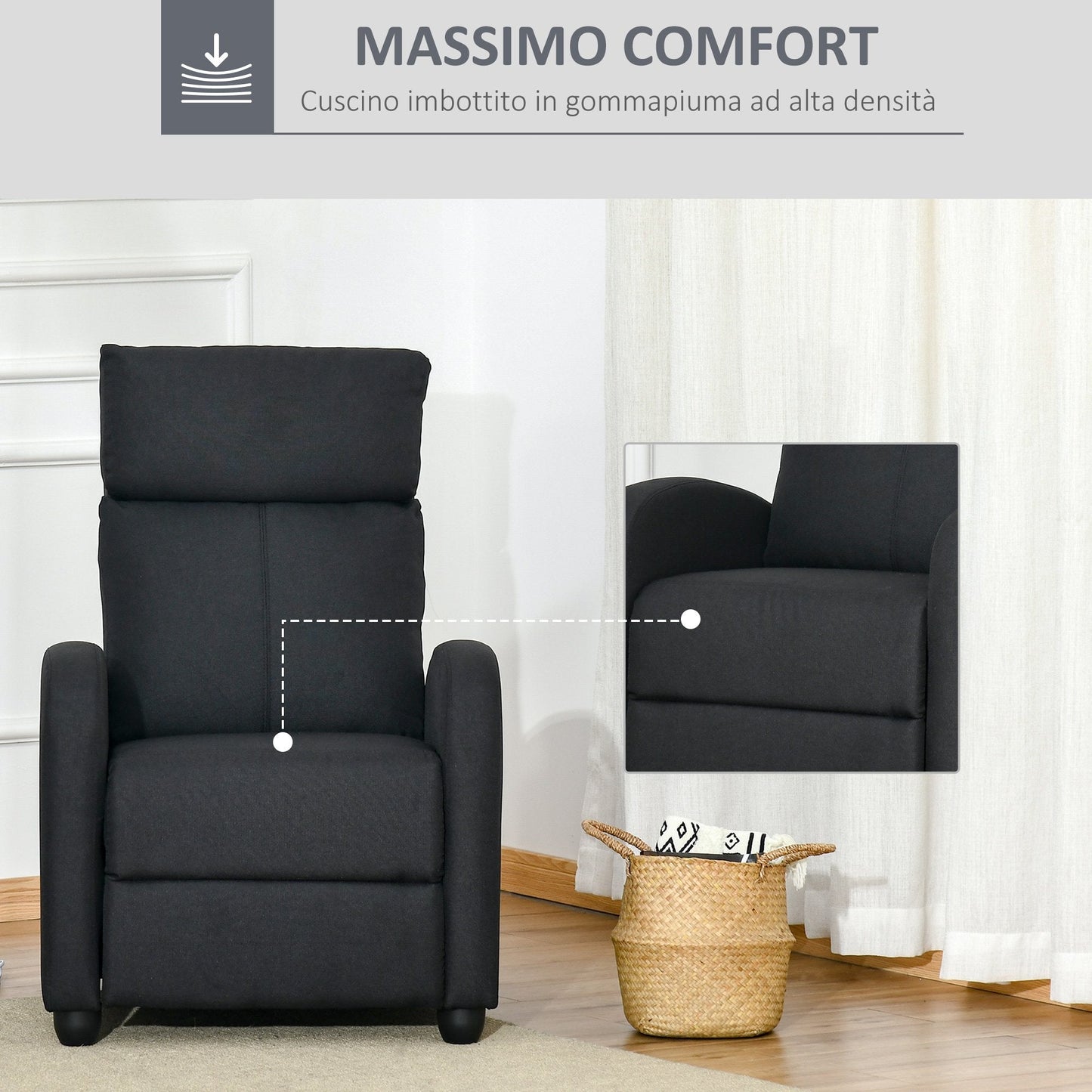 Padded Relax Chair with 135° Reclining Backrest and Removable Footrest, in Black Linen, 69x87x100.5cm