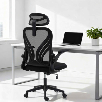 Ergonomic Office Chair with Flip-Up Armrests, Lumbar Support and Adjustable Headrest, Black