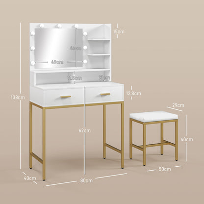 Vanity Makeup Table with Mirror, 2 Drawers, 5 Shelves and Stool, in MDF and Chipboard, 80x40x138 cm, White