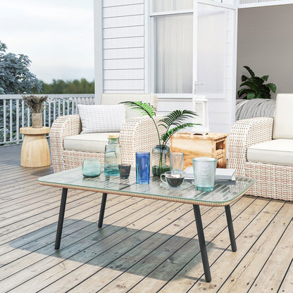 PE Rattan Garden Table with Glass and Steel Top, 110x60x40 cm, Natural Wood