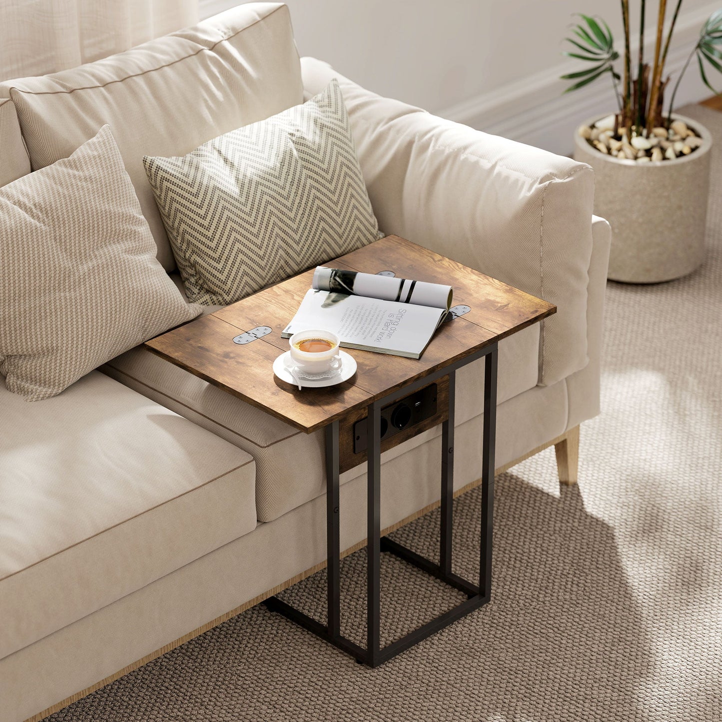 Expandable C-Shaped Coffee Table with 2 Charging Stations, Wood and Metal, 39x29x57 cm, Black and Brown