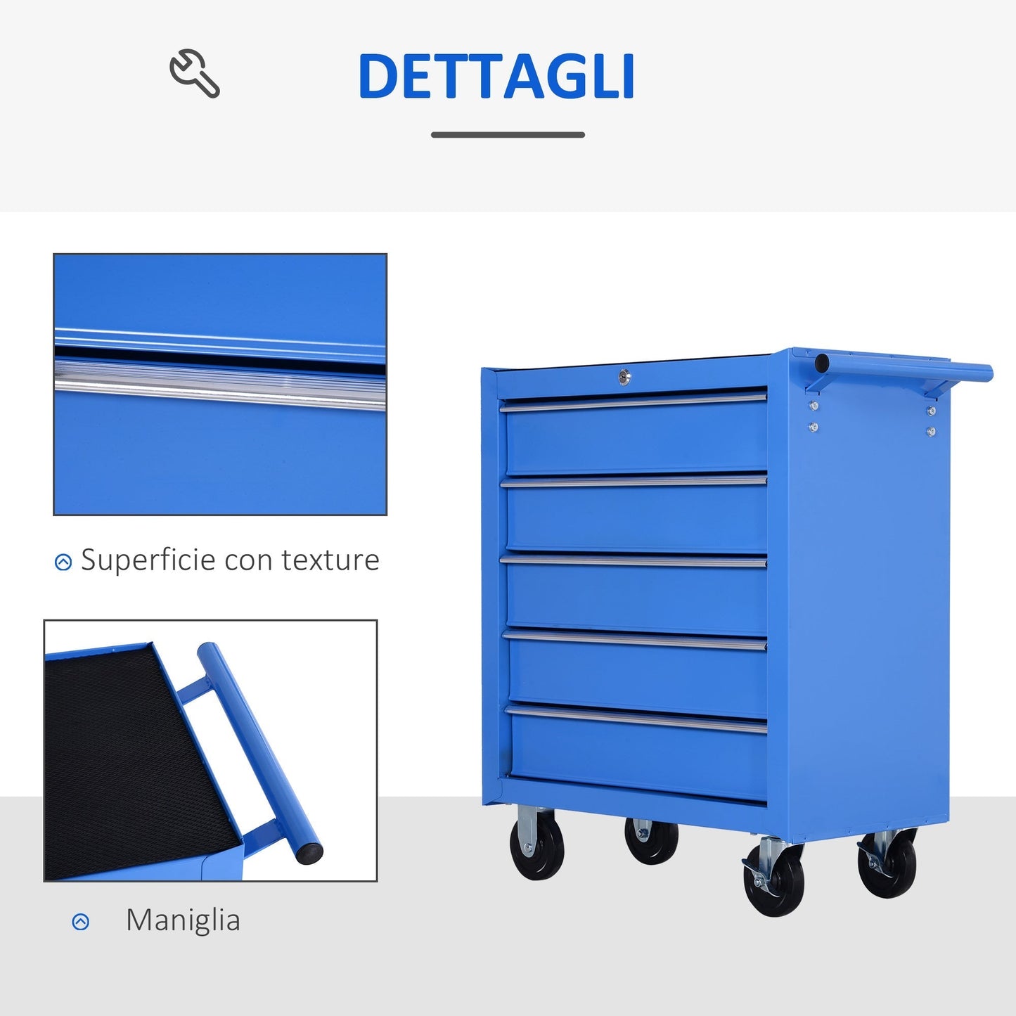 5 Drawer Workshop Trolley with Wheels Metal Blue, 67.5x 33 x 77cm