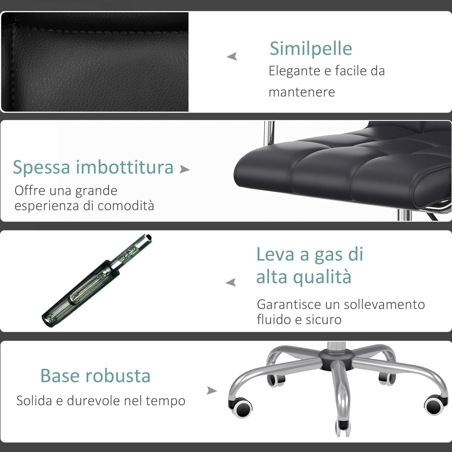 Ergonomic Office Chair in Black PU Leather, Study Chair with 5 Swivel Wheels, Padding and Adjustable Height, 52.5x54x84-99cm