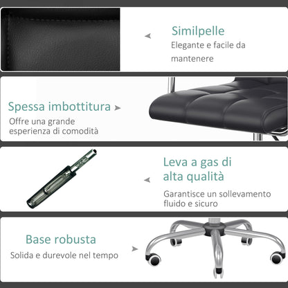 Ergonomic Office Chair in Black PU Leather, Study Chair with 5 Swivel Wheels, Padding and Adjustable Height, 52.5x54x84-99cm