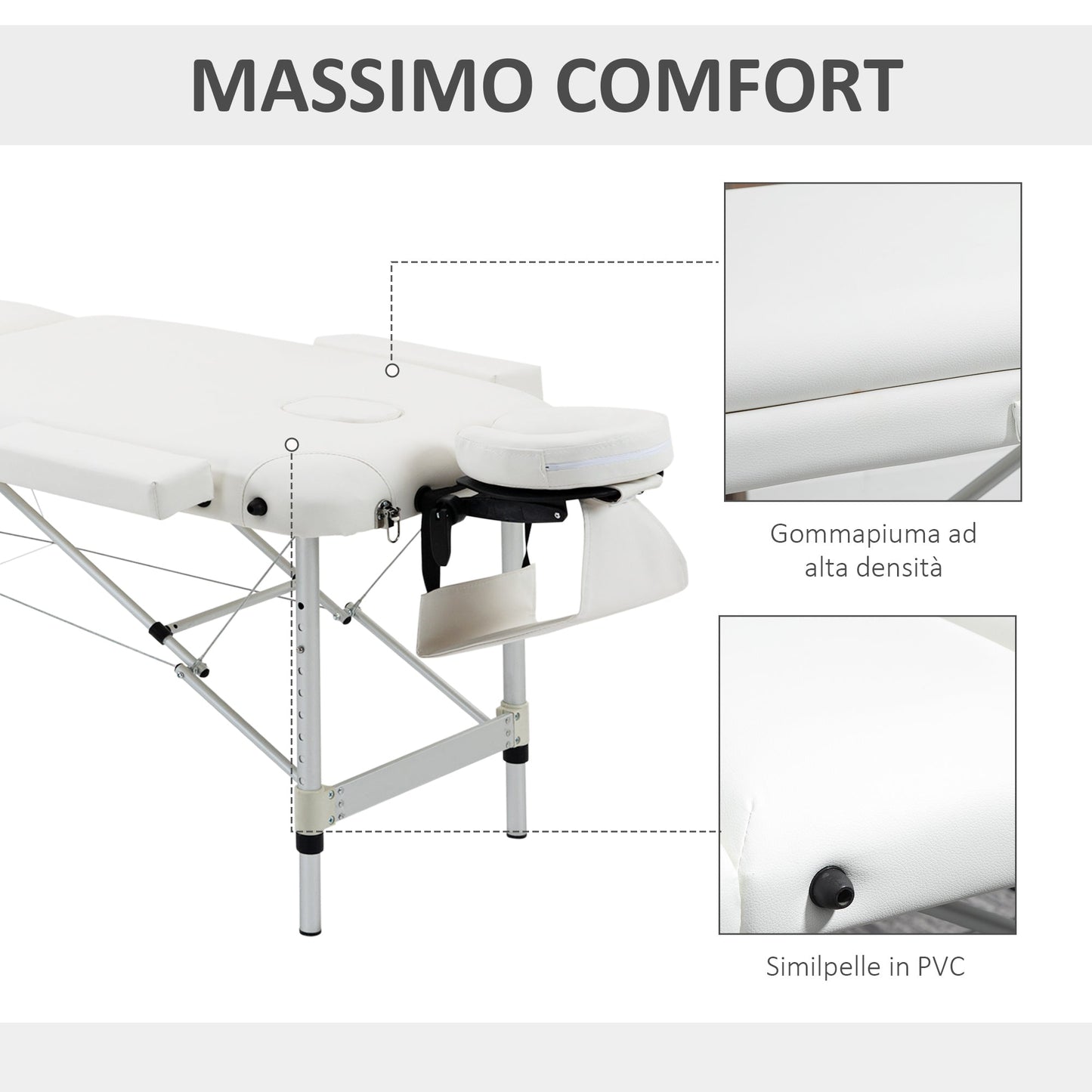 Portable Folding Professional Massage Table in White Aluminum 215x81x61-84cm