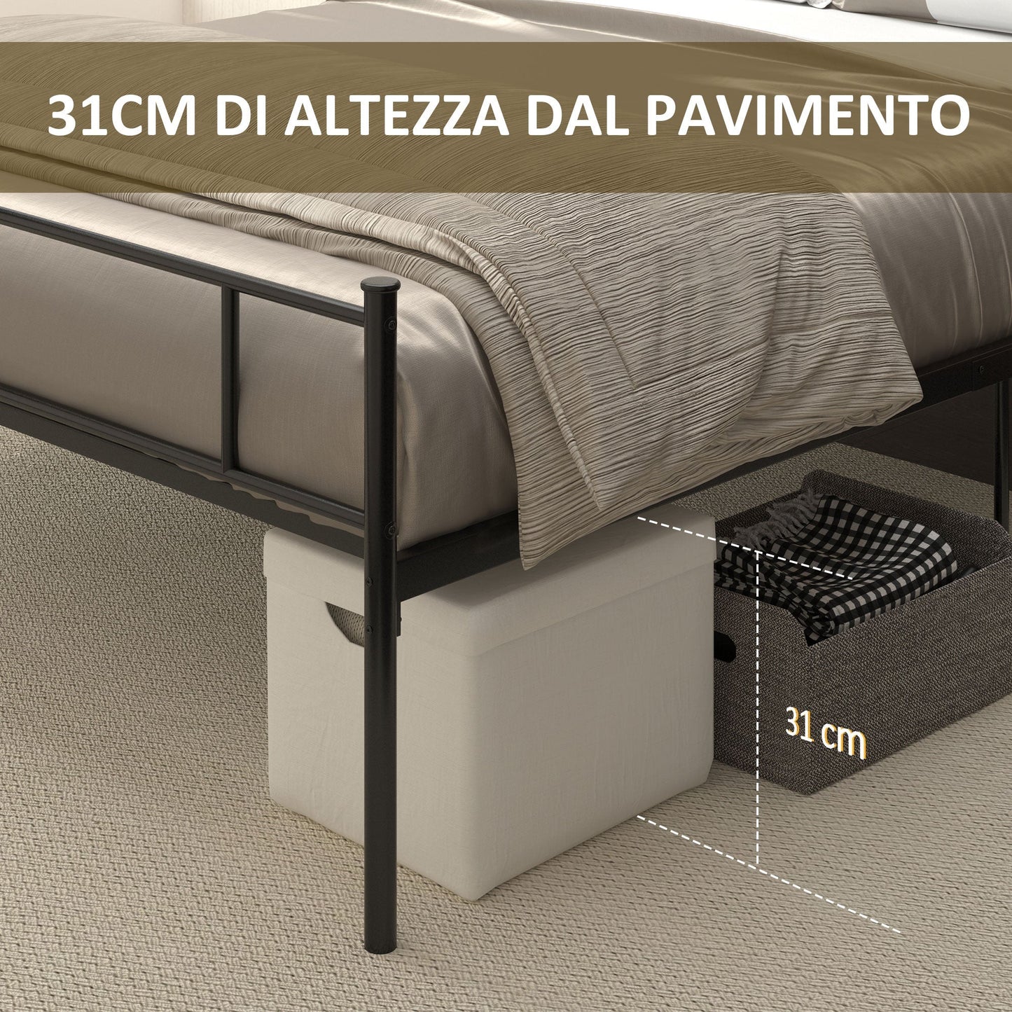Double Bed Frame in Steel with Integrated Slats, Headboard and Footboard, 160x200cm