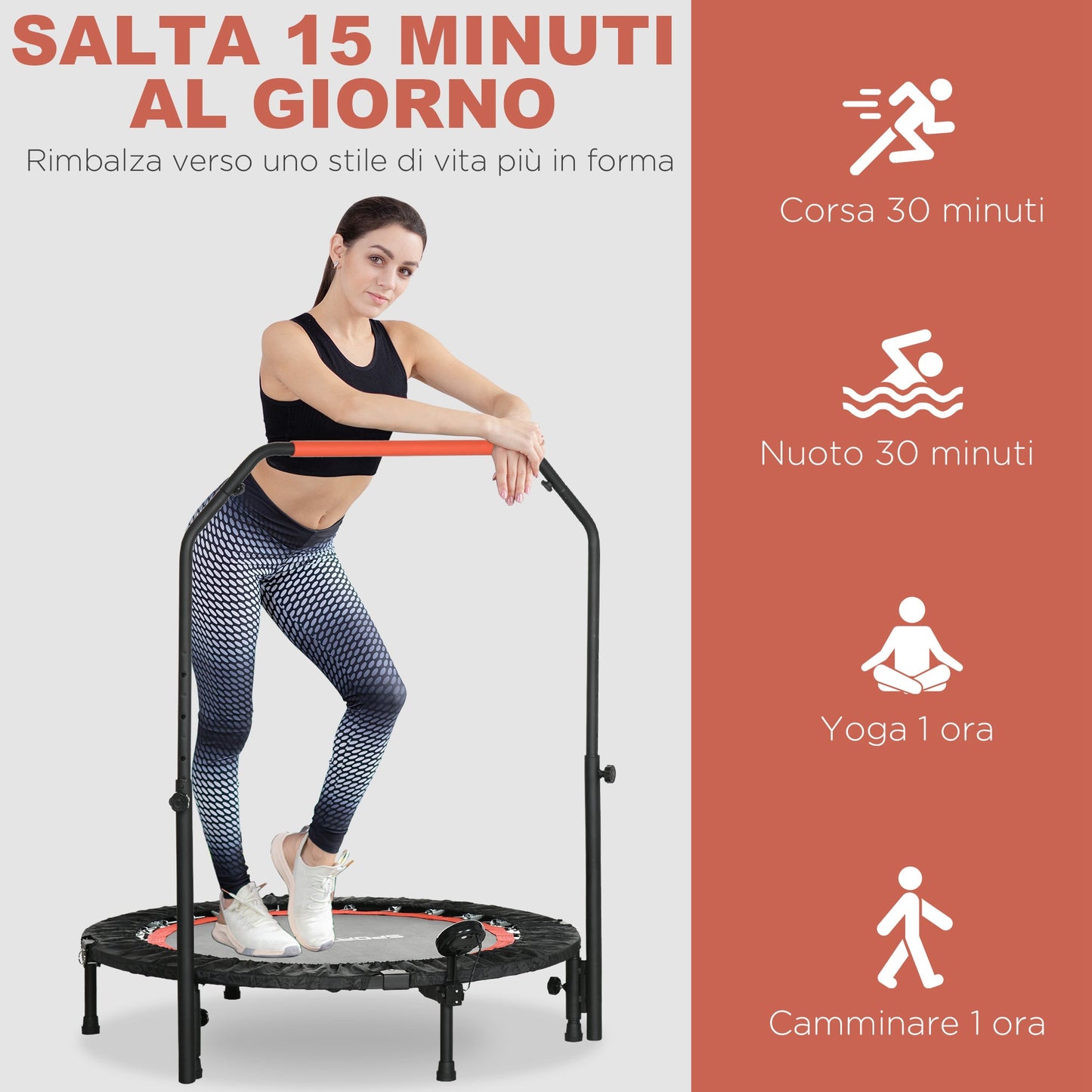 Mini Fitness Trampoline Ø102 cm with Adjustable Handlebar, Foldable Elastic Trampoline, Black