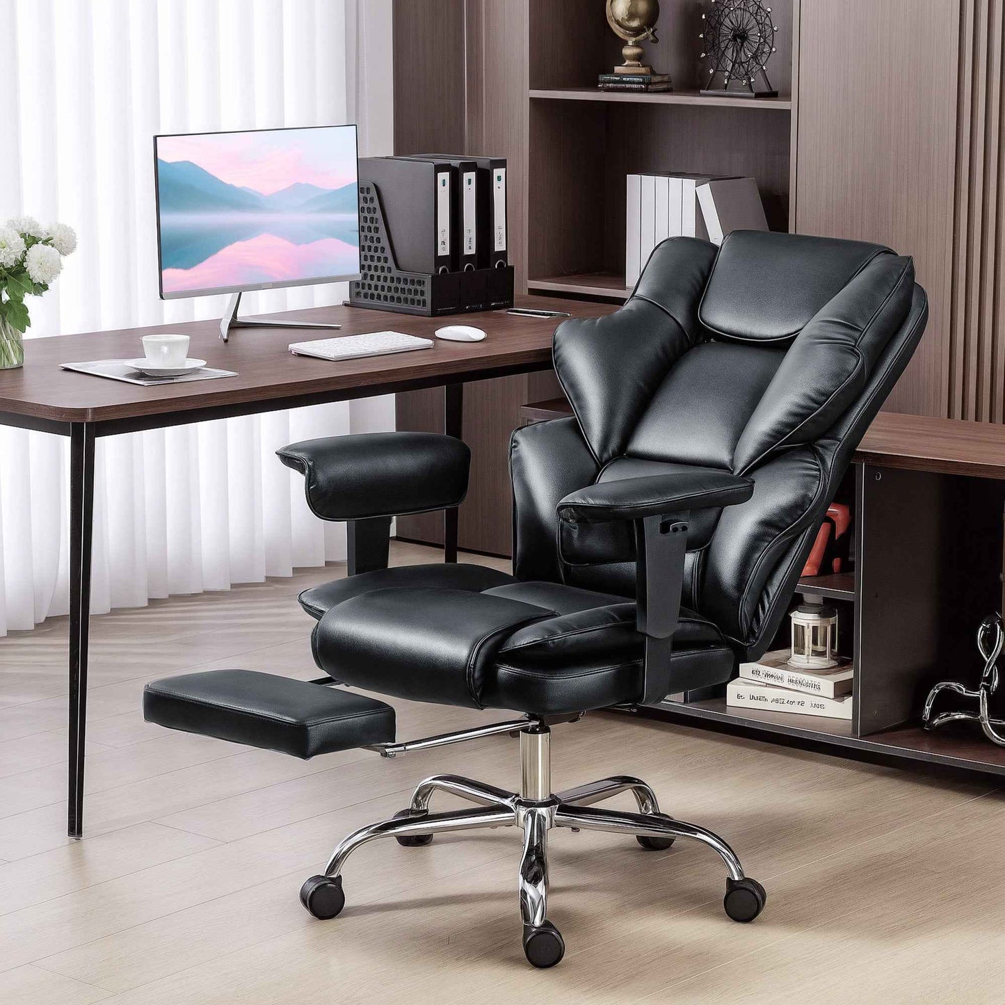 Office Chair with Footrest and Headrest, PU Leather, Foam and Metal, 76x73x117-125 cm, Black