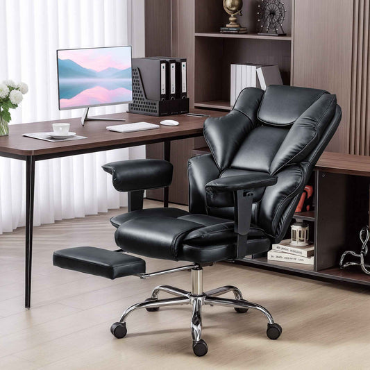 Office Chair with Footrest and Headrest, PU Leather, Foam and Metal, 76x73x117-125 cm, Black