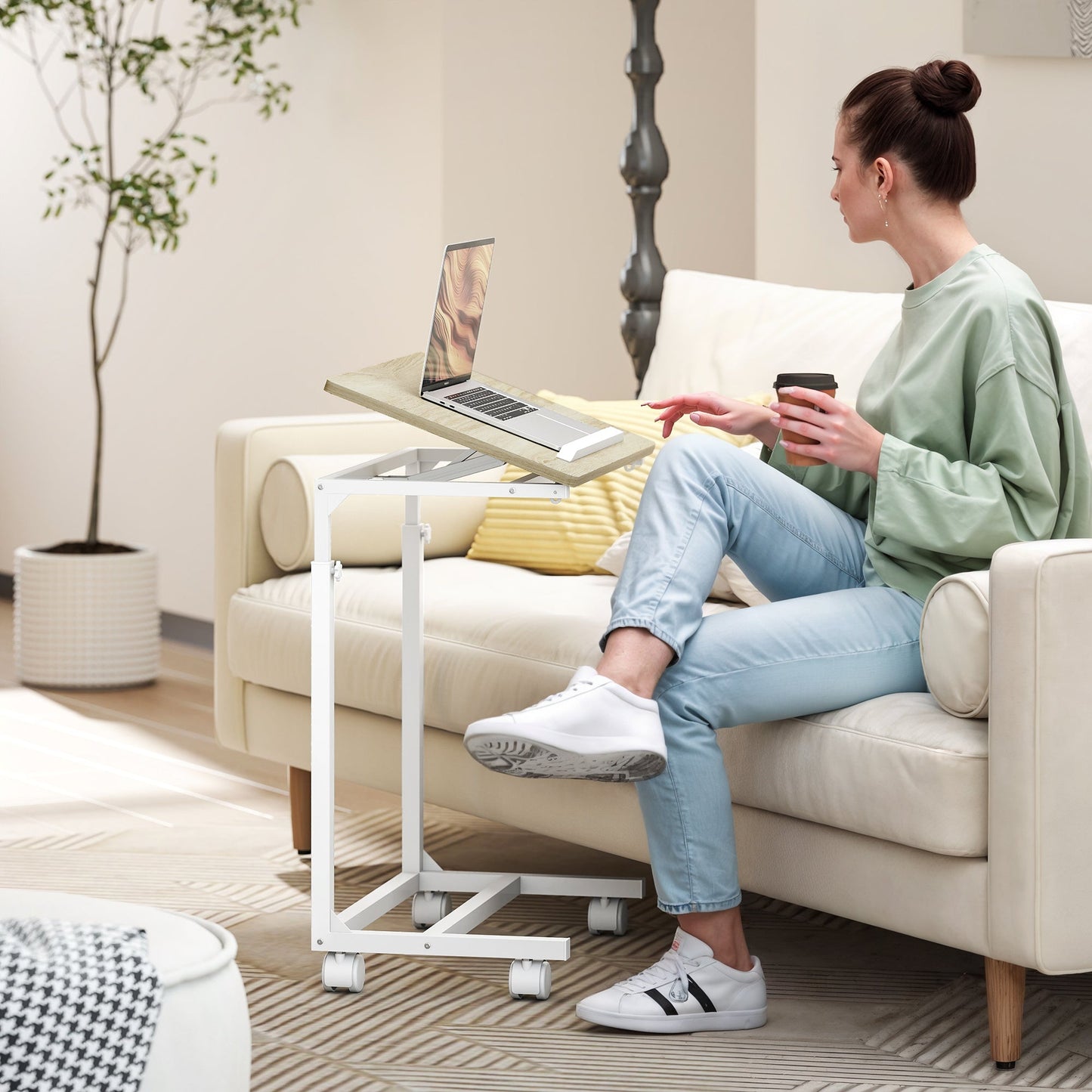 Adjustable Work Table with Tilting Top and 4 Wheels, in Wood and Metal, 55x36x62.5-82.5 cm, White and Oak