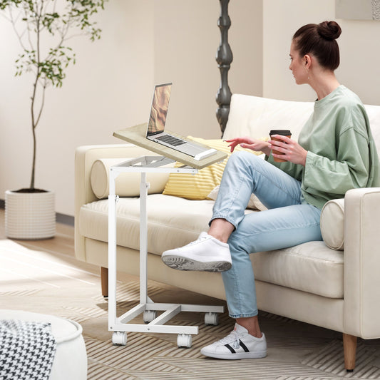 Adjustable Work Table with Tilting Top and 4 Wheels, in Wood and Metal, 55x36x62.5-82.5 cm, White and Oak