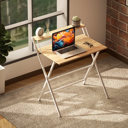 Folding Desk with Monitor Shelf, 81.5x62x86.5 cm, Wood and White