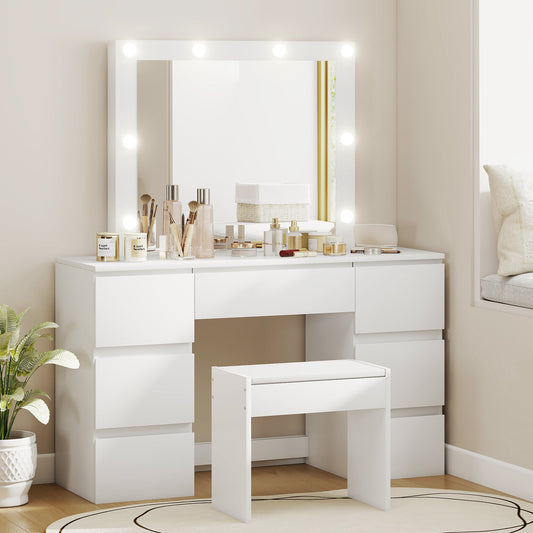 Hollywood-Style Makeup Table with Mirror, 8 LED Lights, 7 Drawers and Padded Stool, White