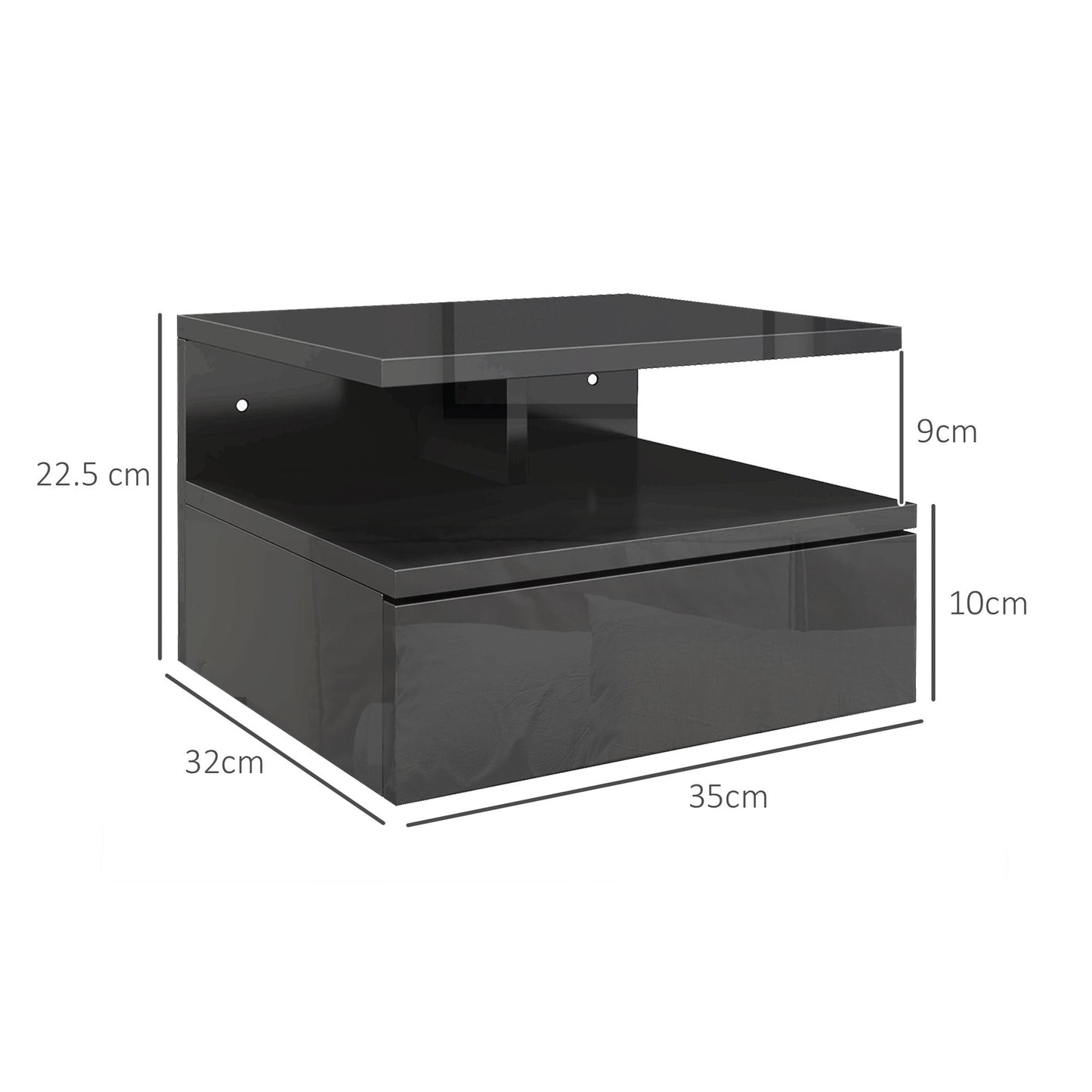 Set of 2 Modern Floating Bedside Tables with Drawer and Wooden Shelf 35x32x22.5cm, Glossy Black