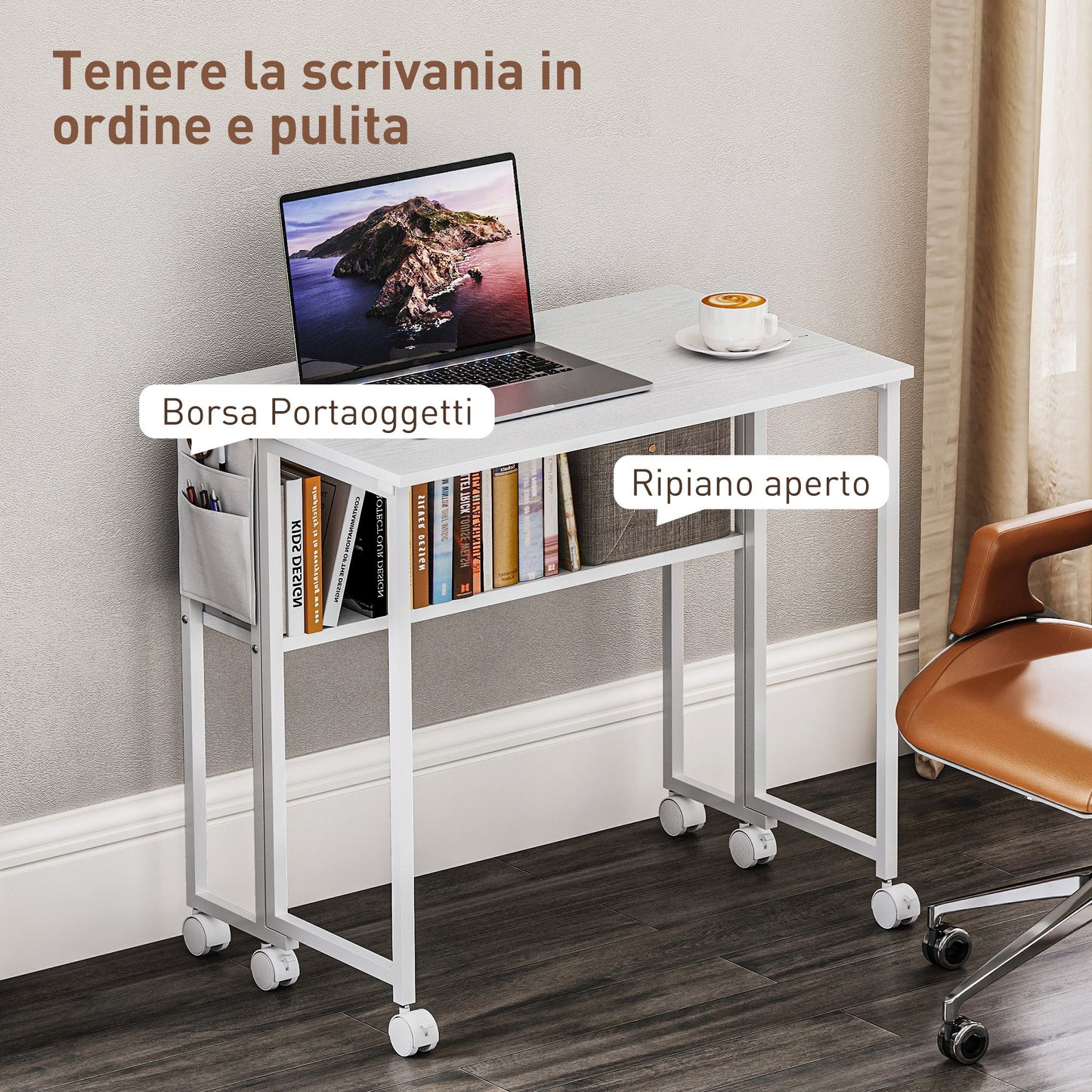Space-Saving Folding Drop-Leaf Desk with Shelf, Storage Pocket and Wheels, White