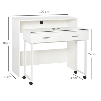 Space-Saving Desk Table for Bedroom and Office, Writing Desk with Drawers and Wheels, Double or Single Workstation, 100x36x88cm, White