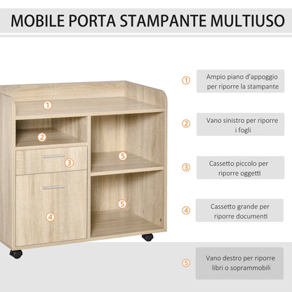 Multi-Use Printer Stand, Office Cabinet, Low Cabinet, Multipurpose Cabinet with 4 Wheels, Oak, 80x40x72cm