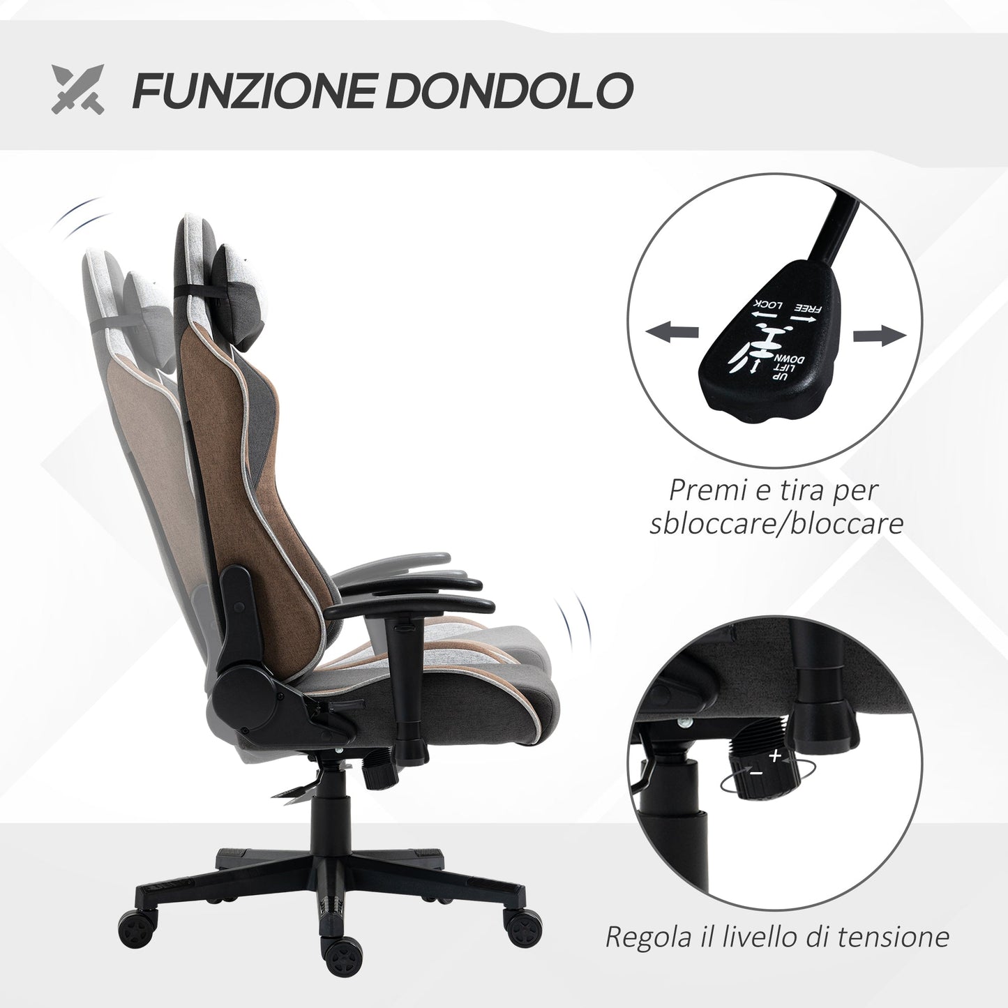 150° Reclining Gaming Chair with Rocking Function, Headrest and Lumbar Cushion, Grey
