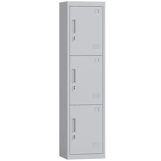 3-Door Steel Office Cabinet with Lock and 2 Keys, 45x38x180cm, Light Grey