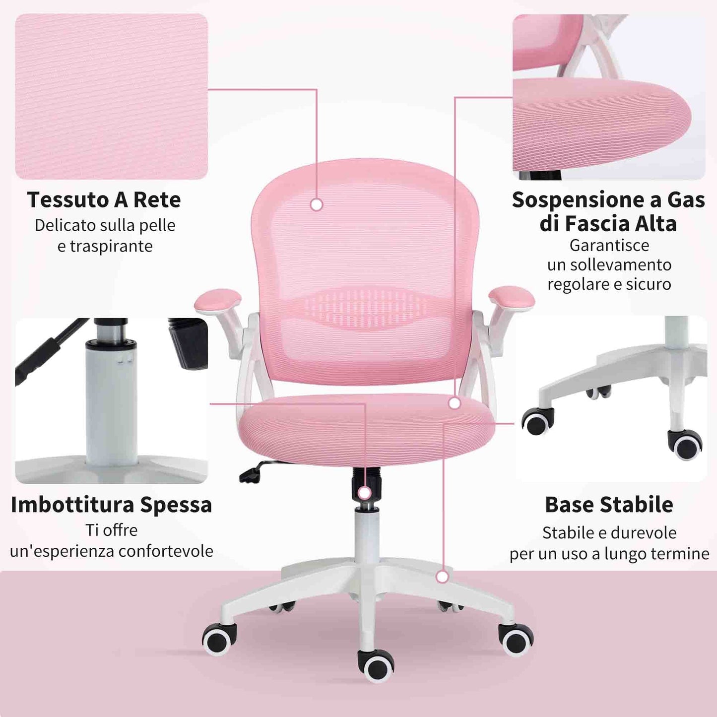 Ergonomic and Adjustable Office Chair with Mesh Backrest and Padded Seat, 65.5x61.5x88-97.5 cm, Pink
