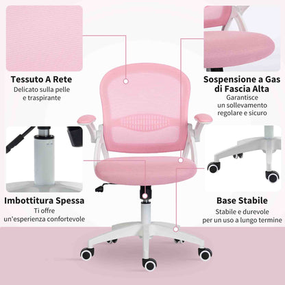 Ergonomic and Adjustable Office Chair with Mesh Backrest and Padded Seat, 65.5x61.5x88-97.5 cm, Pink