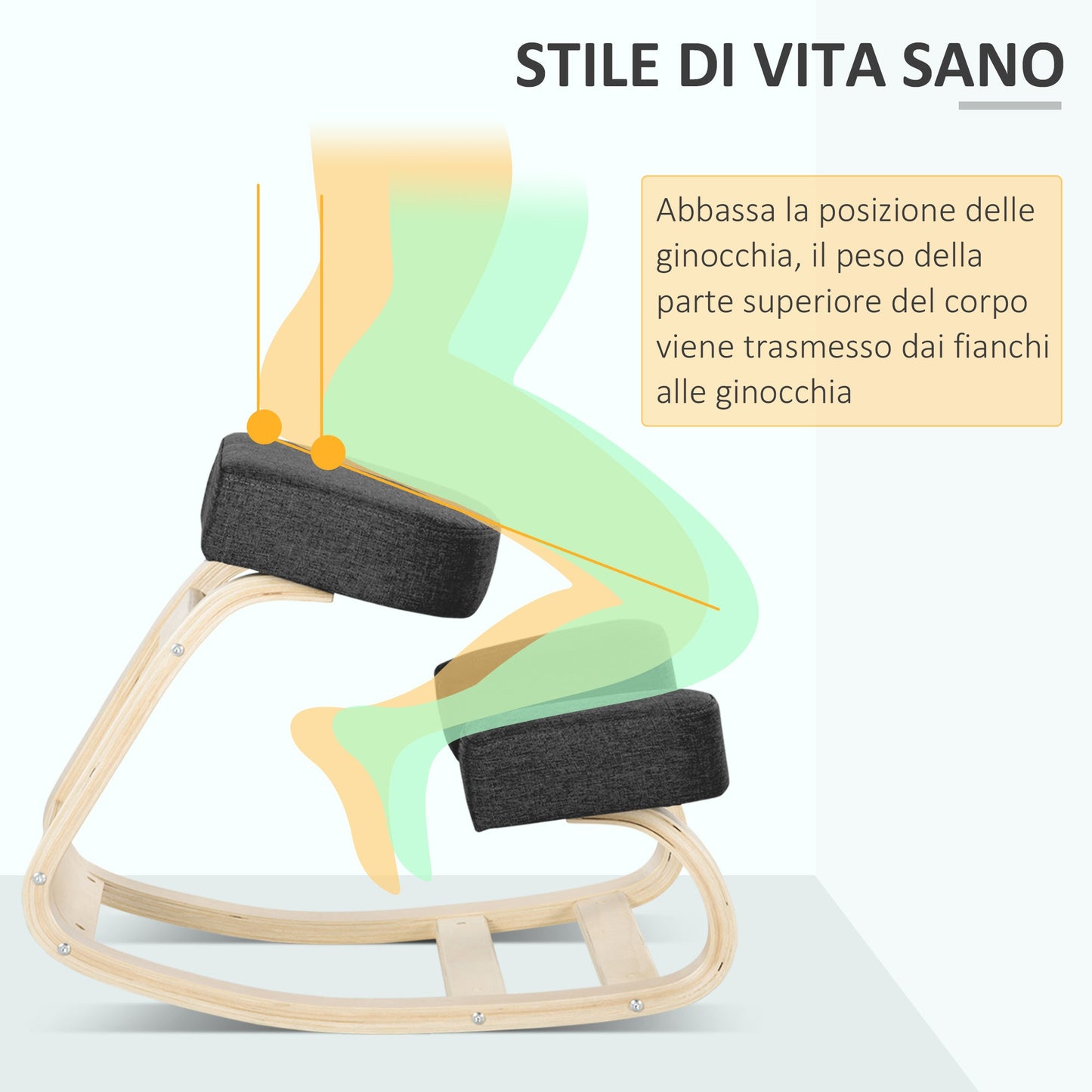 Ergonomic Kneeling Chair in Birch Wood and Cushion, 51x69x58cm, Black