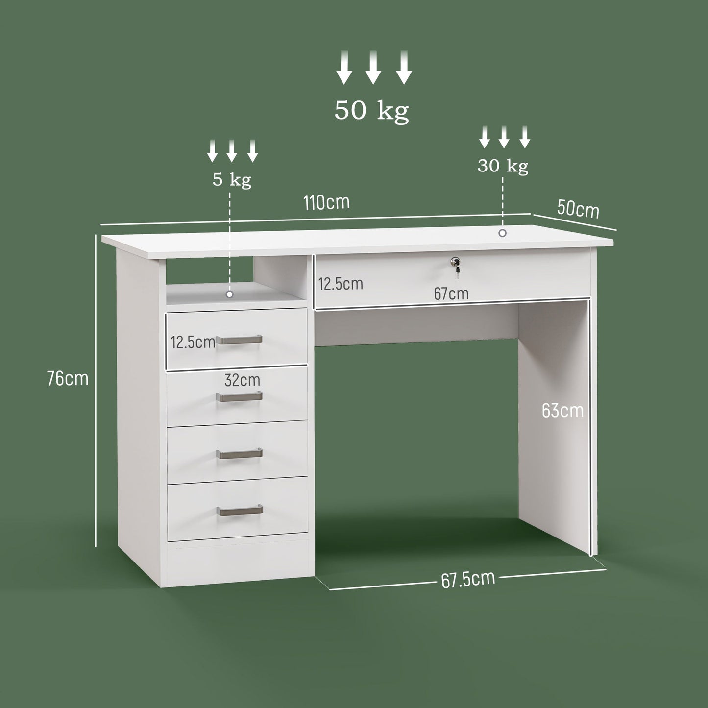 Modern Desk with 5 Drawers and Open Compartment with Lock and 2 Keys, 110x50x76cm, White